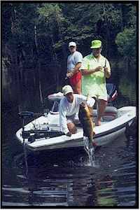 Rio Negro Lodge guide Popcorn lands Spence Petros' trophy peacock bass in a lagoon off of Brazil's Rio Negro (Black River).